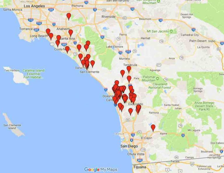 Map of 55 plus communities in San Diego County and Orange County