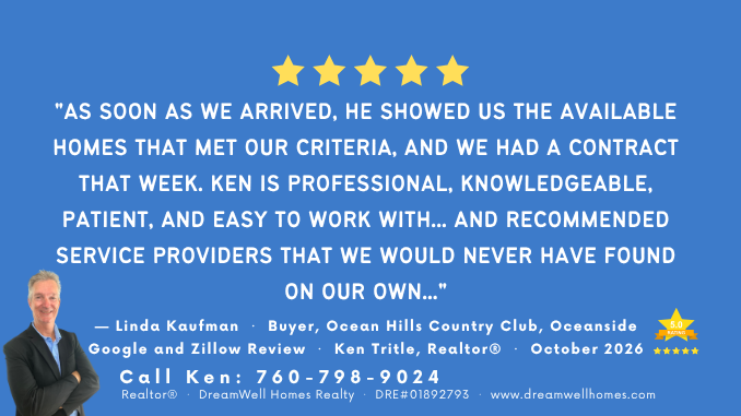 Reviews for Ken Tritle, Realtor® — DreamWell Homes Realty — Google & Zillow Reviews, Ocean Hills Country Club Oceanside CA 55+ Community North San Diego County October 7 2026